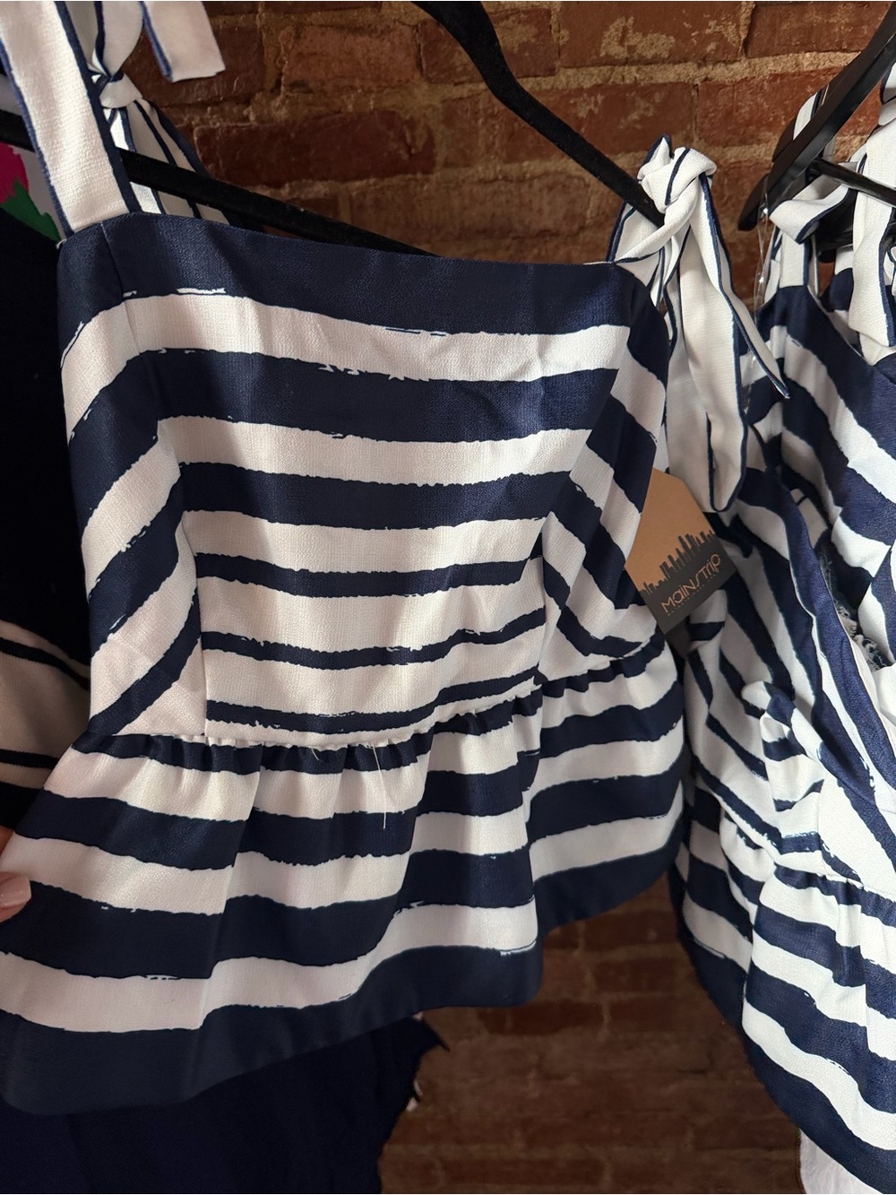 Main Strip Navy & White Striped Tie-Shoulder Tank